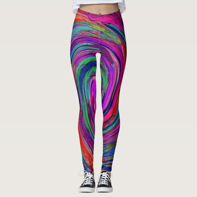 Groovy Abstrakt Retro Magenta Dark Rainbow Swirl Leggings (Vorderseite)