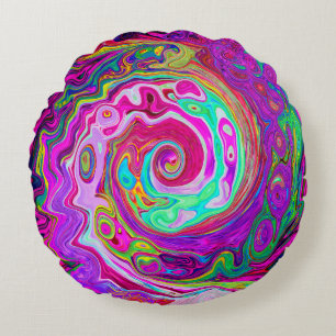 Groovy Abstrakt Retro Magenta Rainbow Swirl Rundes Kissen
