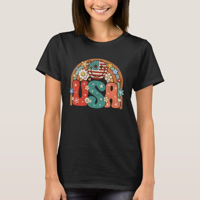 Groovy American Flag USA Retro Rainbow Smile Face  T-Shirt (Vorderseite)