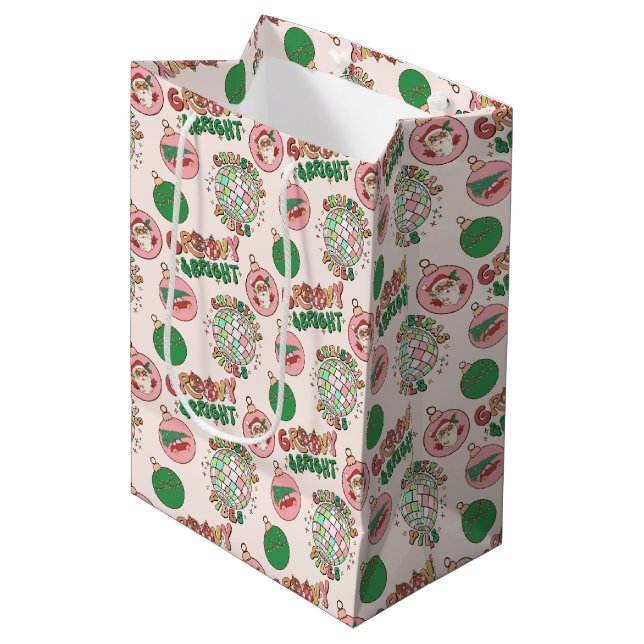 Groovy and Bright Pink and Green Retro Holiday Mittlere Geschenktüte (Vorderseite Schrägansicht)