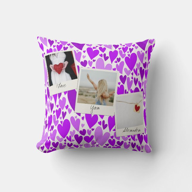 Groovy and Romantic Lila Hearts Valentine Foto Kissen (Vorderseite)