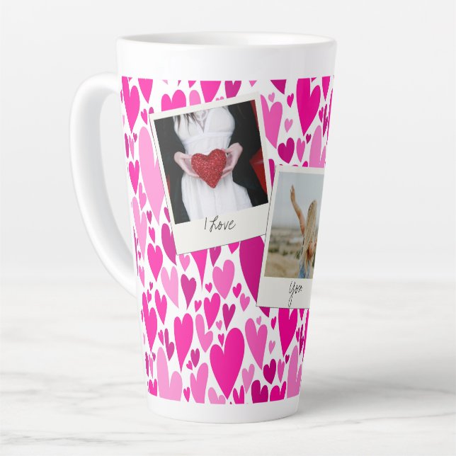 Groovy and Romantic Pink Hearts Valentine Foto Milchtasse (Linke Ecke)