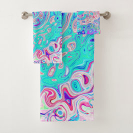 Groovy Aqua Blau und Rosa Abstrakt Retro Swirl Badhandtuch Set
