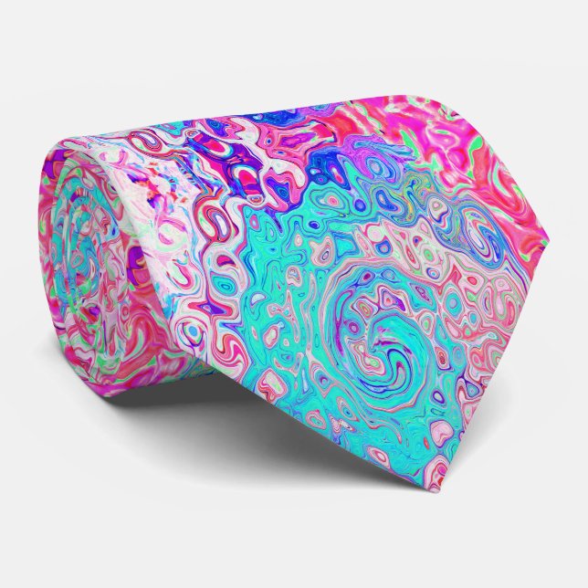 Groovy Aqua Blau und Rosa Abstrakt Retro Swirl Krawatte (Gerollt)
