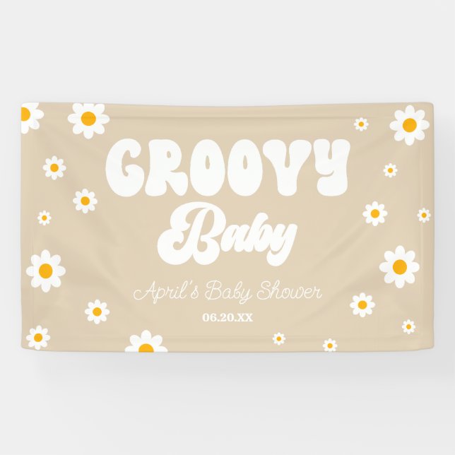 Groovy Baby Daisy Blume Floral Tan Babydusche Banner (Horizontal)