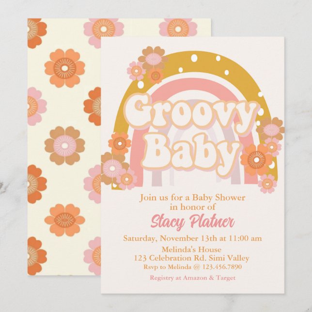 Groovy Baby Dusche, Retro Baby Dusche, Babydusche Einladung (Vorne/Hinten)