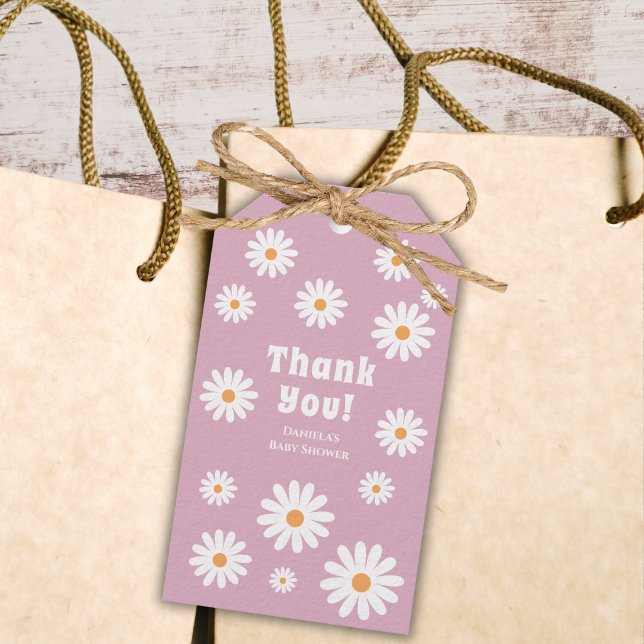 Groovy Baby Girl Shower Blume Power Vielen Dank Geschenkanhänger (daisy baby girl shower thank you gift tags pink daisy wreath daisies flower power)