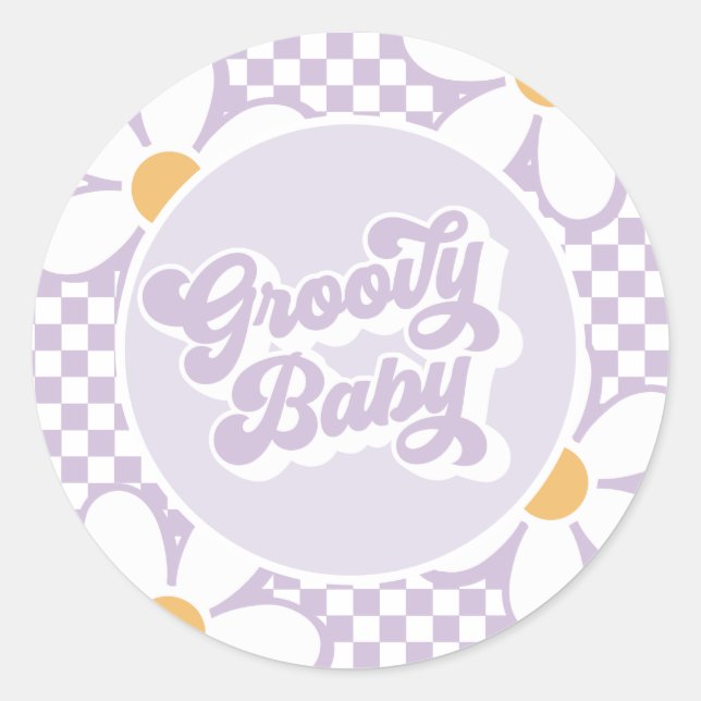 Groovy Baby Lila Daisy Schachbrett Runder Aufkleber (Vorderseite)