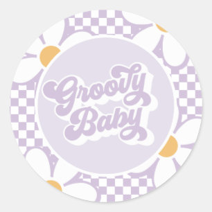 Groovy Baby Lila Gänseblümchen Karo Runder Aufkleber