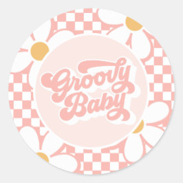 Groovy Baby Pink Karo Daisy Runder Aufkleber