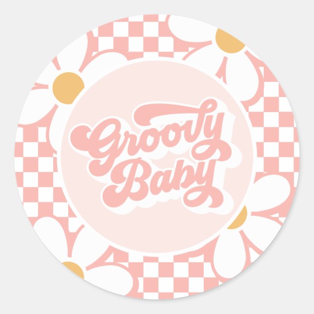 Groovy Baby Pink Karo Daisy Runder Aufkleber (Vorderseite)