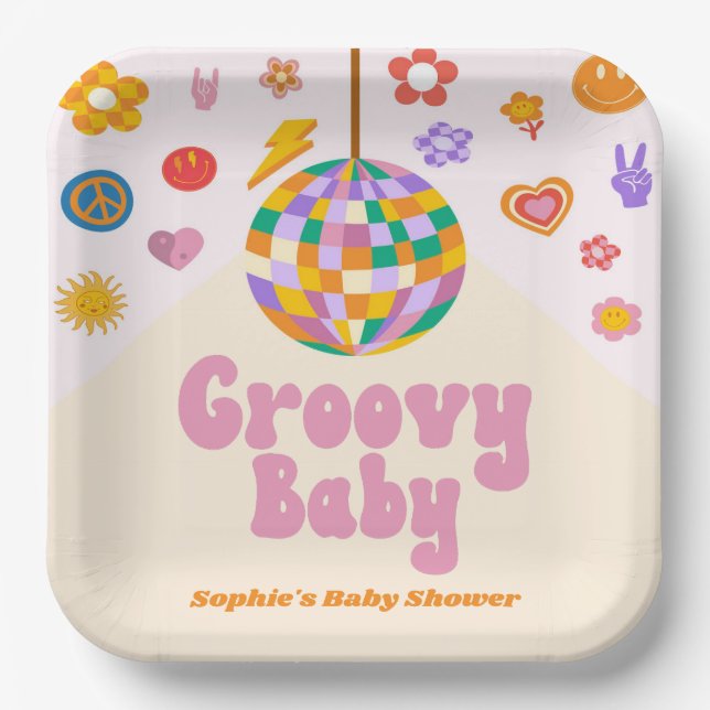 Groovy Baby Retro 70's Disco Ball Baby Shower Pappteller (Vorderseite)