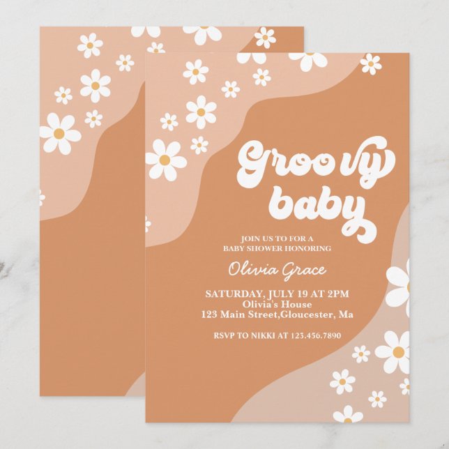 Groovy Baby Retro Daisy Braun Babydusche Einladung (Vorne/Hinten)