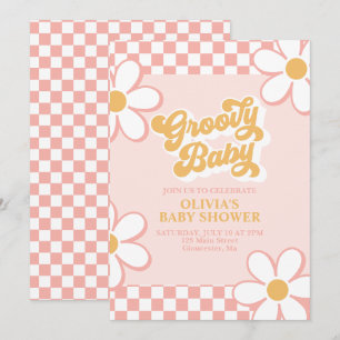 Groovy Baby Retro Karo Pink Daisy Einladung