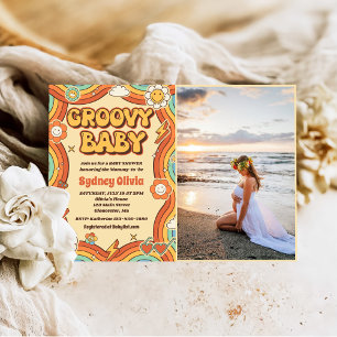 Groovy Baby Retro Rainbow Baby Dusche Party Foto Einladung