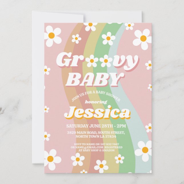 Groovy Baby Shower Pink Girls Retro Regenbogen 197 Einladung (Vorderseite)