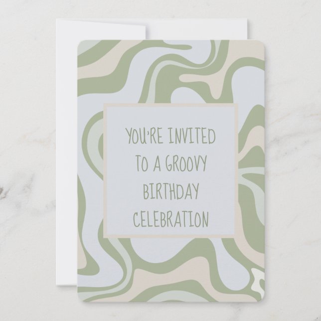 Groovy Birthday in Sage Green Einladung (Vorderseite)