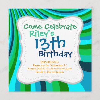 Groovy Blue Green Rainbow Slide Stripes Retro Einladung