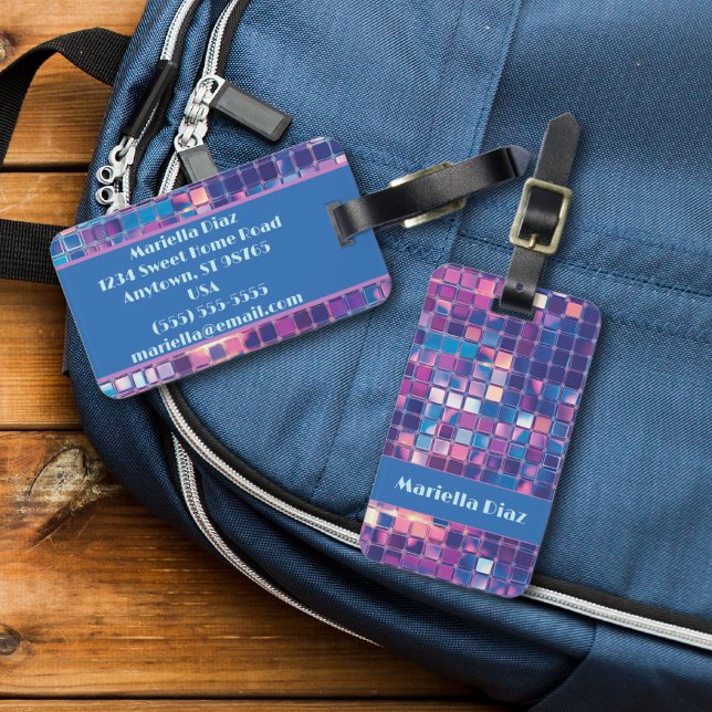 Groovy Blue & Lila Disco Ball Personalisiert Gepäckanhänger (Groovy blue and purple disco ball personalized 2 sided luggage tag)