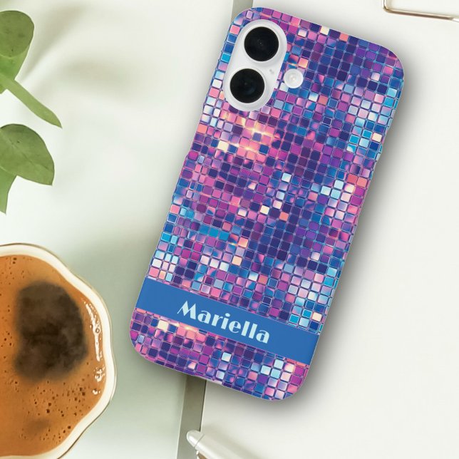 Groovy Blue & Lila Disco Ball Personalisiert iPhone 16 Hülle (Groovy blue and purple disco ball personalized Phone case)