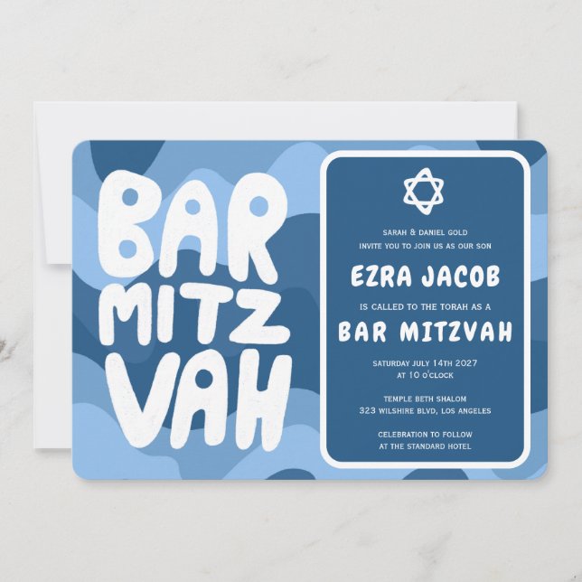 Groovy Blue Waves Star von David Custom Bar Mitzva Einladung (Vorderseite)