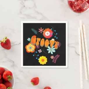 Groovy Blume Power Farbenfroh Schwarz Serviette