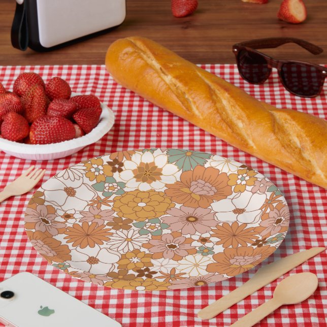 Groovy Boho 70er Blume Pattern Pappteller (Picknick)