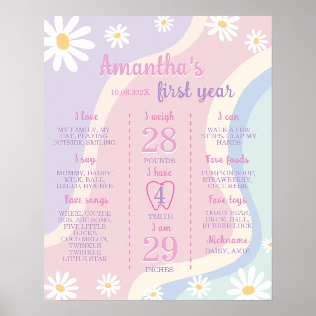 Groovy Boho Daisy First Birthday Milestone Sign Poster (Vorne)
