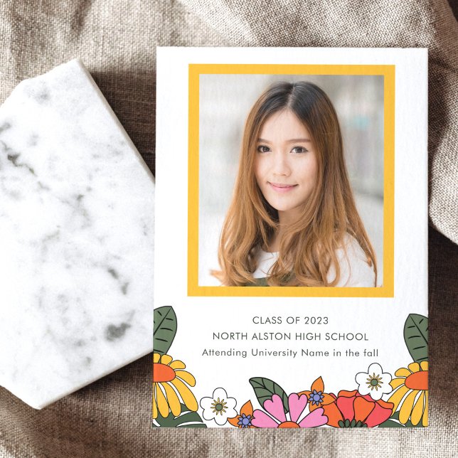 Groovy Boho Retro Blume Foto Graduation Party Einladung (Von Creator hochgeladen)