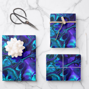 Groovy Boho Vibrant Blue Monochrome Fraktal Marmor Geschenkpapier Set