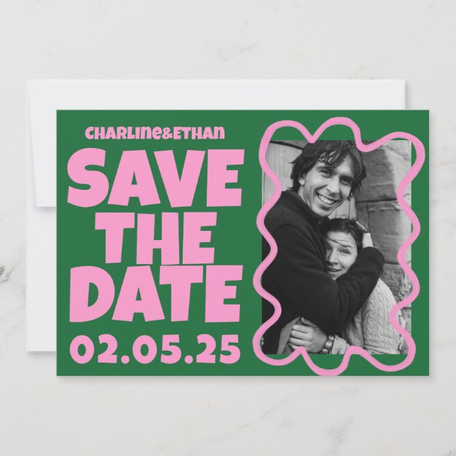 Groovy Bold Green Pink Red Funky Save The Date (Vorderseite)