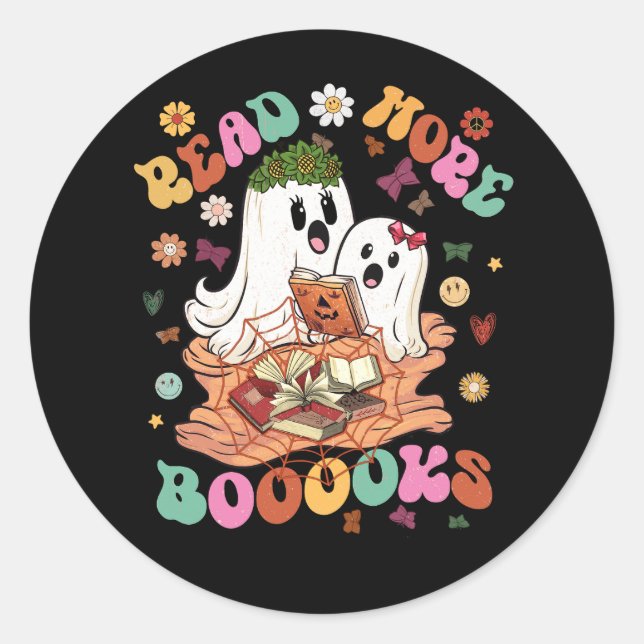 Groovy Booooks Ghost Read more Bücher Funny Teache Runder Aufkleber (Vorderseite)