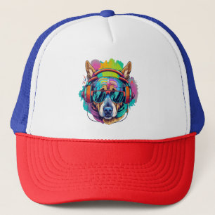 Groovy Canine Vibes : Cooler Hund mit Kopfhörern Truckerkappe
