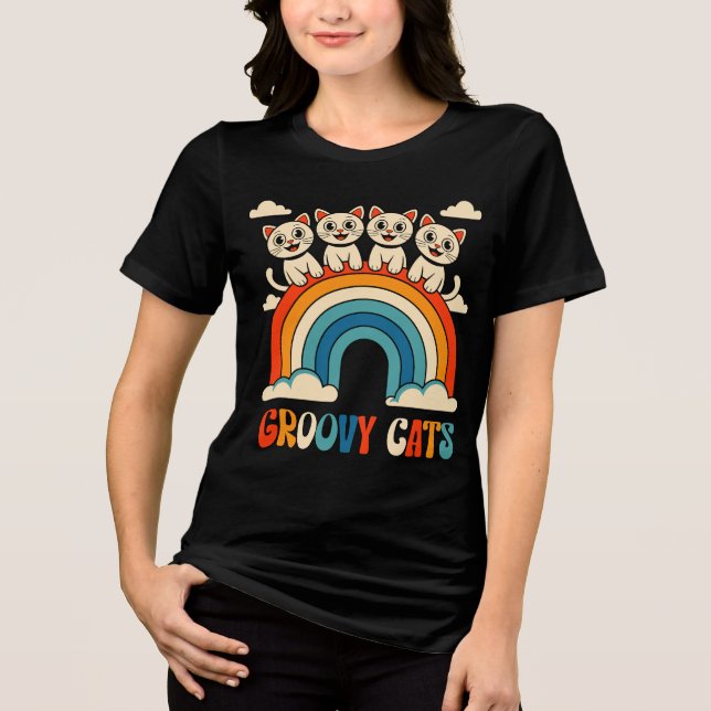 Groovy Cats Retro-Regenbogen-Design Tri-Blend Shirt (Vorderseite)