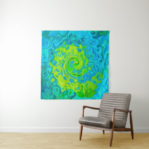 Groovy Chartreuse und Aquamarin Flüssigkeit Wirbel Wandteppich