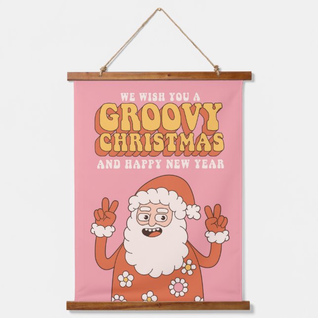 Groovy Christmas Merry Santa Funny Retro Hippie Wandteppich Mit Holzrahmen (Vorderseite)