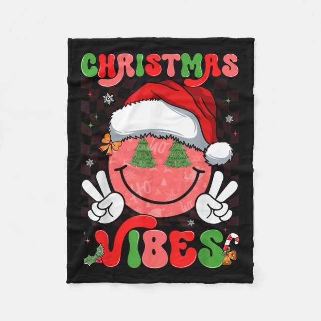 Groovy Christmas Vibes Smile Face Santa Hat Xmas M Fleecedecke (Vorderseite)