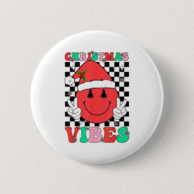 Groovy Christmas Vibes Smile Face Santa Hat Xmas T Button (Vorderseite)