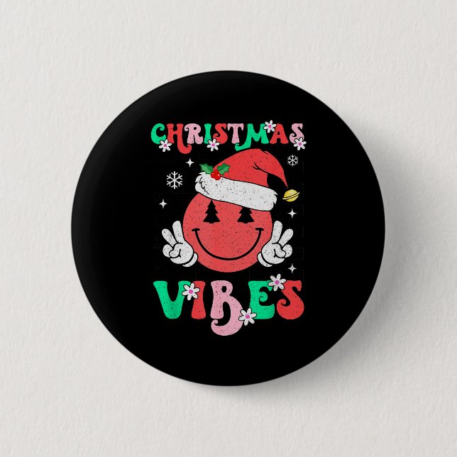 Groovy Christmas Vibes Smile Face Santa Hat Xmas T Button (Vorderseite)