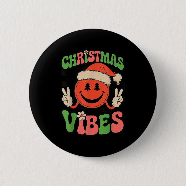 Groovy Christmas Vibes Smile Face Santa Hat Xmas T Button (Vorderseite)
