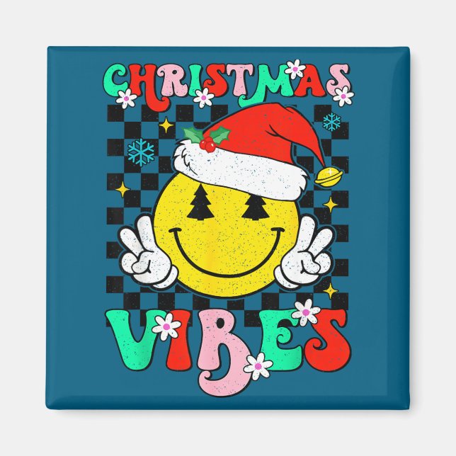 Groovy Christmas Vibes Smile Face Santa Hat Xmas T Magnet (Vorne)