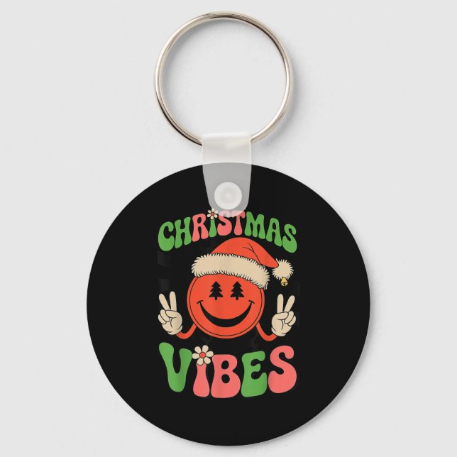 Groovy Christmas Vibes Smile Face Santa Hat Xmas T Schlüsselanhänger (Vorderseite)