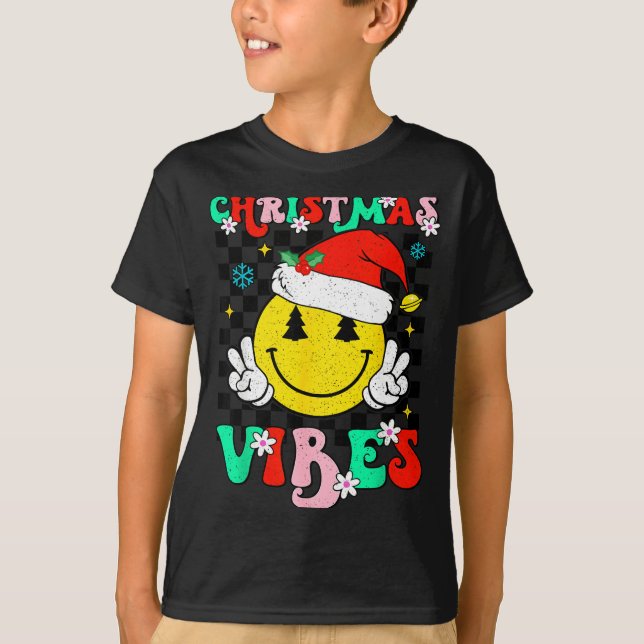Groovy Christmas Vibes Smile Face Santa Hat Xmas T T-Shirt (Vorderseite)