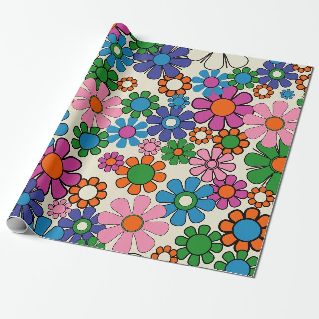 Groovy Colorful Retro 60er 70er Floral Pattern Geschenkpapier (Ungerollt)