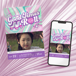 Groovy Colorful Wirbel Roller Disco Party Foto Einladung