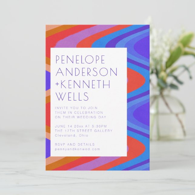 Groovy Curvy Lines Unique Retro Blue Red Wedding Einladung (Stehend Vorderseite)
