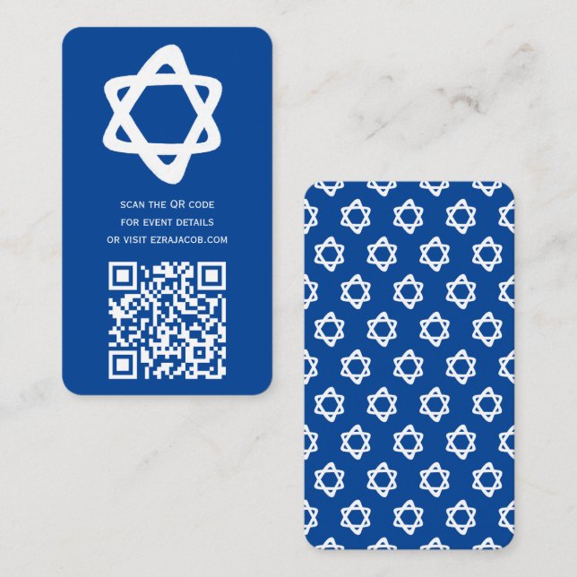 Groovy Custom QR CODE Bar Bat Mitzvah Blue Stars Begleitkarte (Vorne/Hinten)