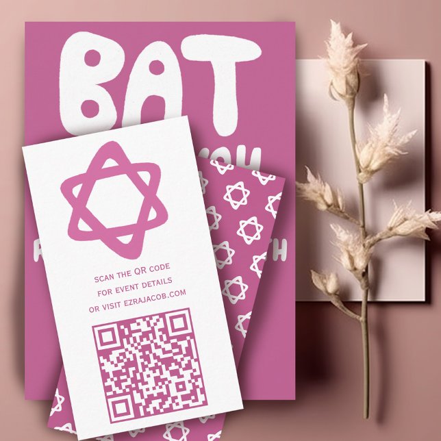 Groovy Custom QR CODE Bar Bat Mitzvah Pink Stars Begleitkarte (Groovy Custom QR CODE Bar Bat Mitzvah Pink Stars Enclosure Card
)