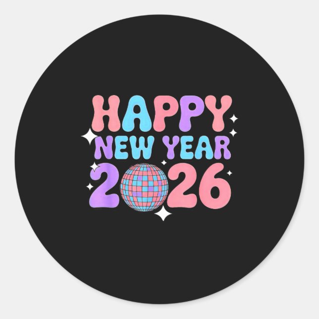 Groovy Cute Happy New Year 2026 Disco Ball  Runder Aufkleber (Vorderseite)