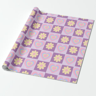 Groovy Daisy Blumen Herz Karo, Y2K 90er Geschenkpapier